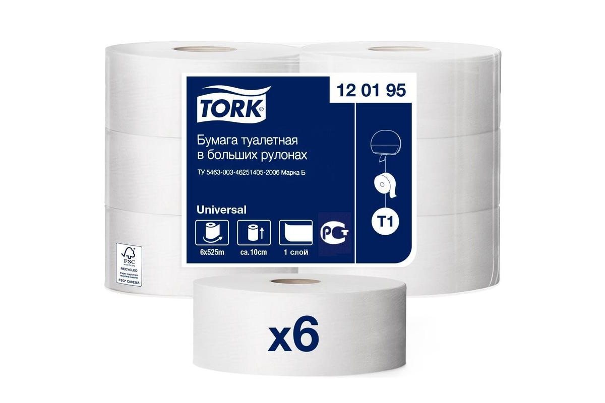Бумага туалетная Tork T1 Universal 525м/9,5 1сл белая (рул.) | арт.120195 | Бумага туалетная Tork T1 Universal 525м/9,5 1сл белая (рул.) | арт.120195 |