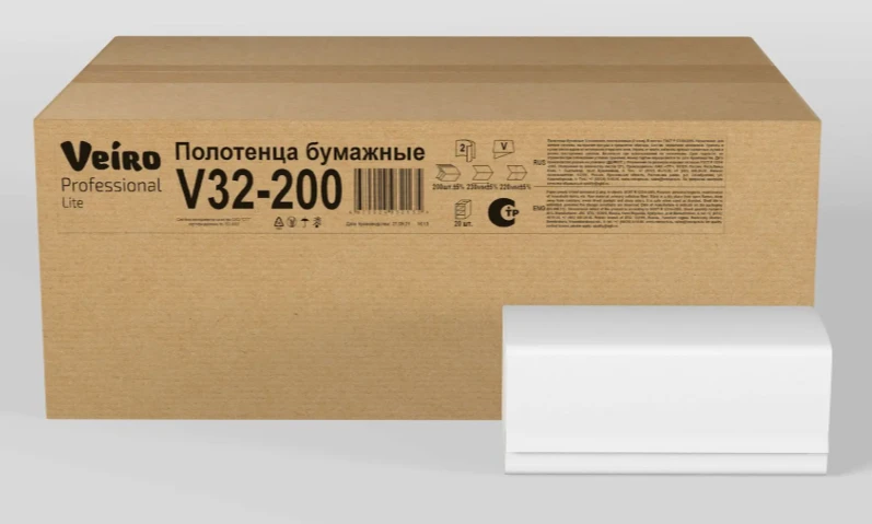 Полотенца бумажные 2сл. 200л 21х23см \ V-слож \ БЕЛЫЕ \V32-200 / 00032727