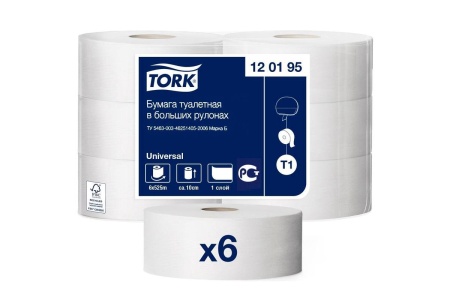 Бумага туалетная Tork T1 Universal 525м/9,5 1сл белая (рул.) | арт.120195 | Бумага туалетная Tork T1 Universal 525м/9,5 1сл белая (рул.) | арт.120195 |
